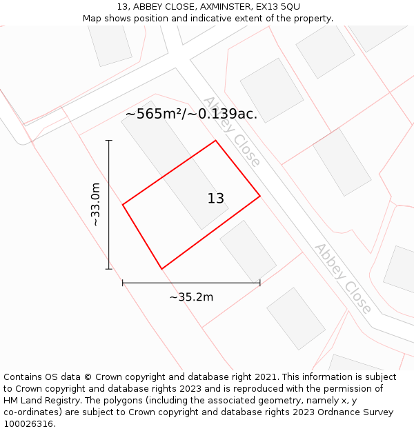 13, ABBEY CLOSE, AXMINSTER, EX13 5QU: Plot and title map