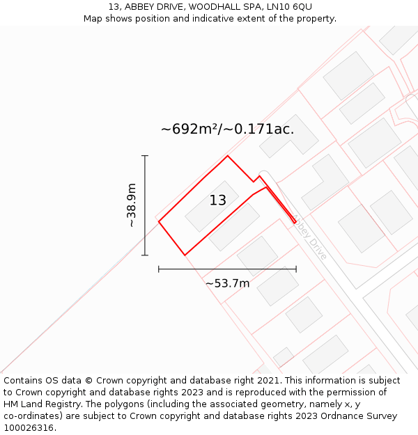 13, ABBEY DRIVE, WOODHALL SPA, LN10 6QU: Plot and title map