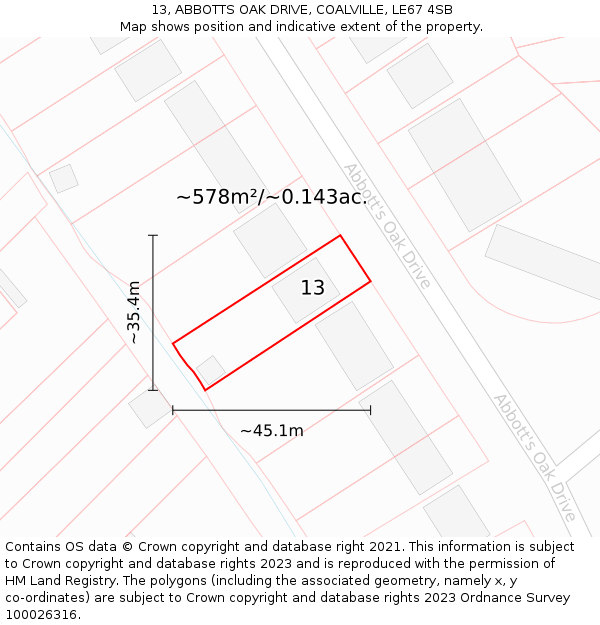 13, ABBOTTS OAK DRIVE, COALVILLE, LE67 4SB: Plot and title map