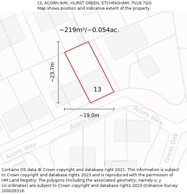 13, ACORN WAY, HURST GREEN, ETCHINGHAM, TN19 7QG: Plot and title map