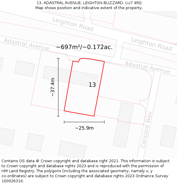 13, ADASTRAL AVENUE, LEIGHTON BUZZARD, LU7 4RQ: Plot and title map