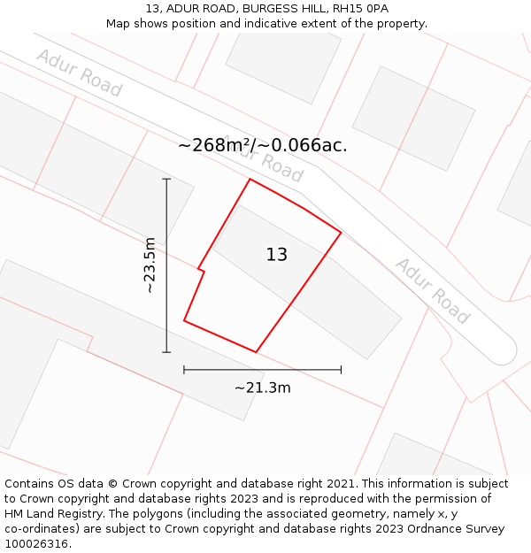 13, ADUR ROAD, BURGESS HILL, RH15 0PA: Plot and title map