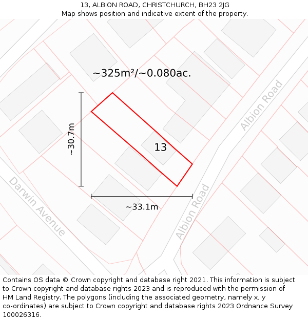 13, ALBION ROAD, CHRISTCHURCH, BH23 2JG: Plot and title map