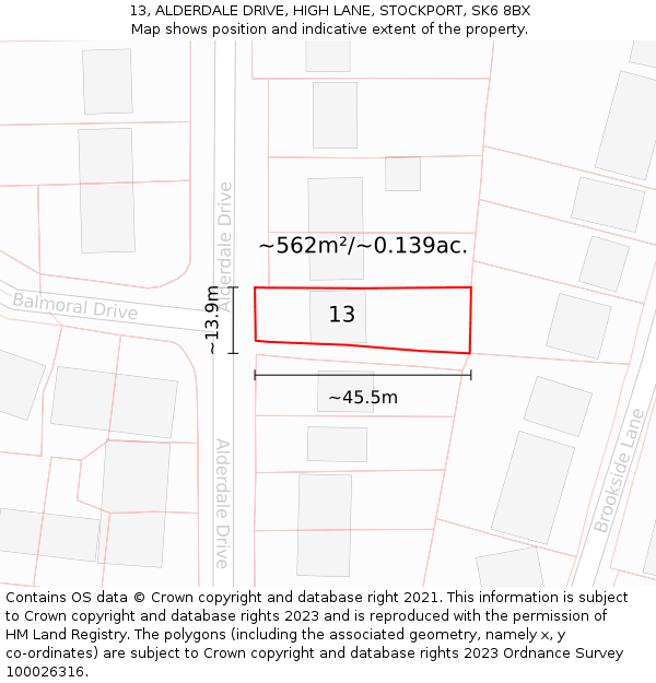 13, ALDERDALE DRIVE, HIGH LANE, STOCKPORT, SK6 8BX: Plot and title map