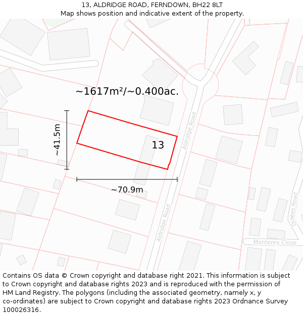 13, ALDRIDGE ROAD, FERNDOWN, BH22 8LT: Plot and title map