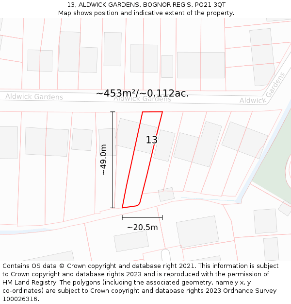 13, ALDWICK GARDENS, BOGNOR REGIS, PO21 3QT: Plot and title map
