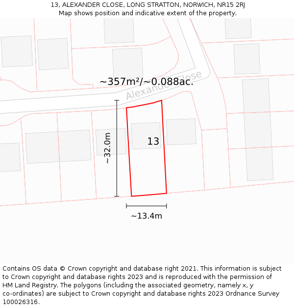 13, ALEXANDER CLOSE, LONG STRATTON, NORWICH, NR15 2RJ: Plot and title map