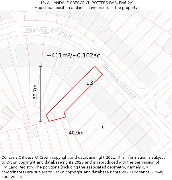 13, ALLANDALE CRESCENT, POTTERS BAR, EN6 2JY: Plot and title map