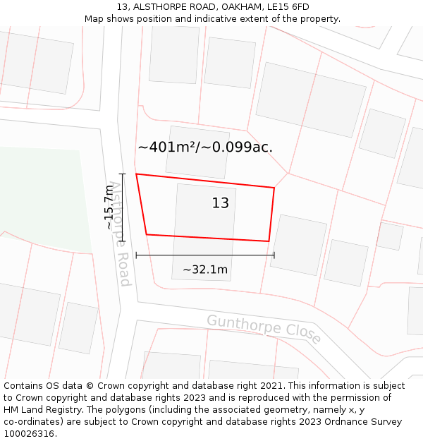 13, ALSTHORPE ROAD, OAKHAM, LE15 6FD: Plot and title map