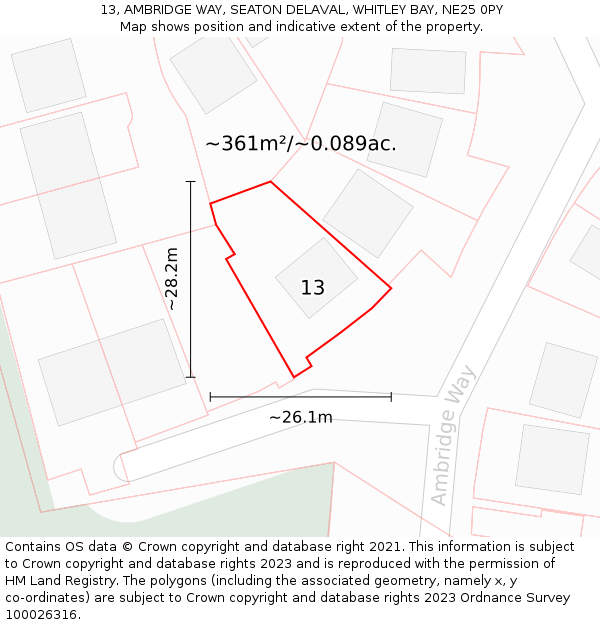 13, AMBRIDGE WAY, SEATON DELAVAL, WHITLEY BAY, NE25 0PY: Plot and title map