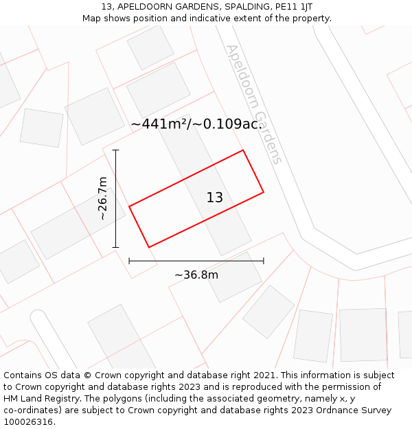 13, APELDOORN GARDENS, SPALDING, PE11 1JT: Plot and title map