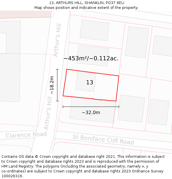 13, ARTHURS HILL, SHANKLIN, PO37 6EU: Plot and title map