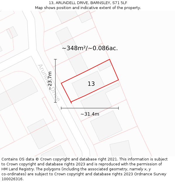 13, ARUNDELL DRIVE, BARNSLEY, S71 5LF: Plot and title map