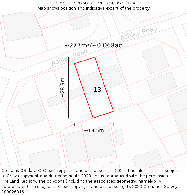 13, ASHLEY ROAD, CLEVEDON, BS21 7UX: Plot and title map