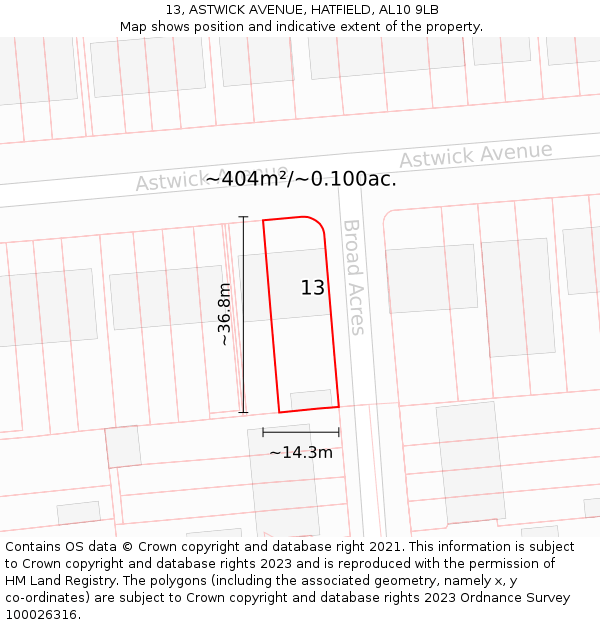 13, ASTWICK AVENUE, HATFIELD, AL10 9LB: Plot and title map