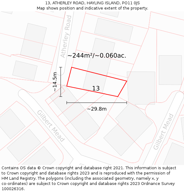 13, ATHERLEY ROAD, HAYLING ISLAND, PO11 0JS: Plot and title map