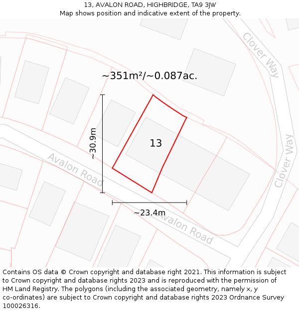 13, AVALON ROAD, HIGHBRIDGE, TA9 3JW: Plot and title map