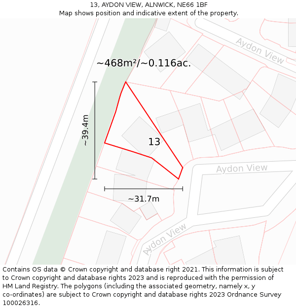 13, AYDON VIEW, ALNWICK, NE66 1BF: Plot and title map