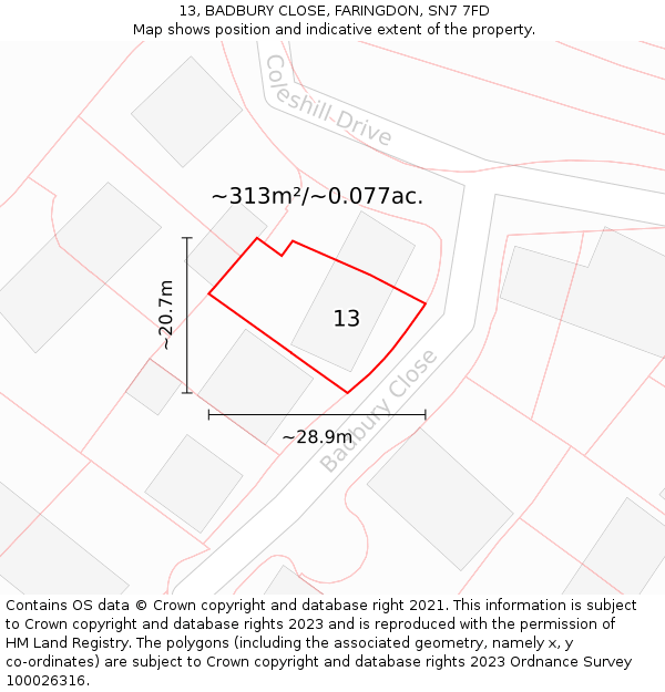 13, BADBURY CLOSE, FARINGDON, SN7 7FD: Plot and title map
