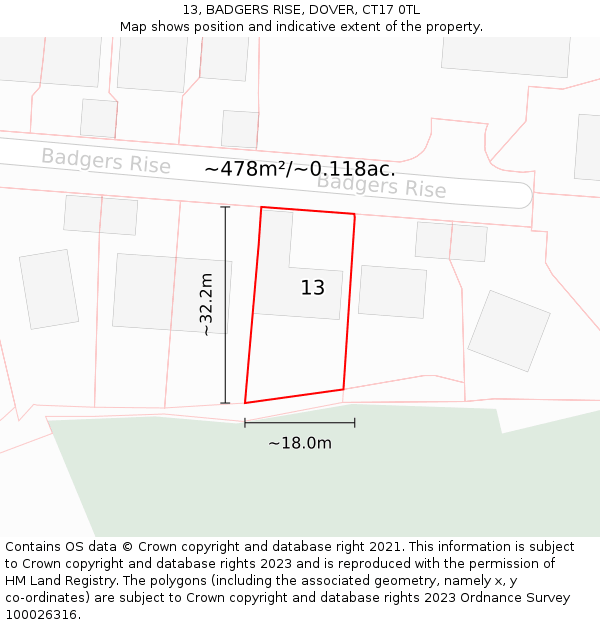 13, BADGERS RISE, DOVER, CT17 0TL: Plot and title map