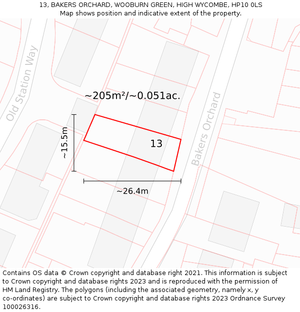 13, BAKERS ORCHARD, WOOBURN GREEN, HIGH WYCOMBE, HP10 0LS: Plot and title map