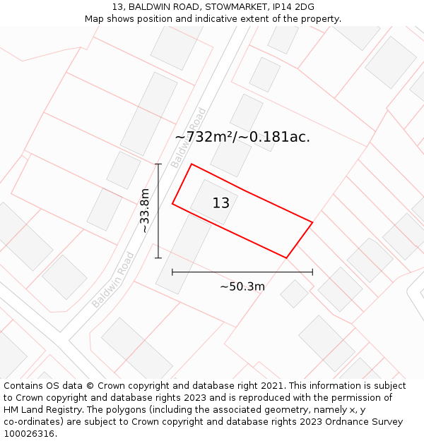 13, BALDWIN ROAD, STOWMARKET, IP14 2DG: Plot and title map