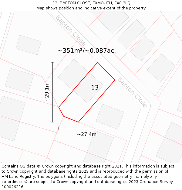 13, BAPTON CLOSE, EXMOUTH, EX8 3LQ: Plot and title map