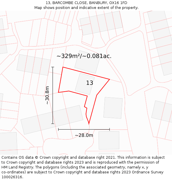 13, BARCOMBE CLOSE, BANBURY, OX16 1FD: Plot and title map