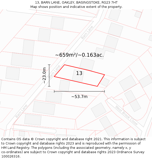 13, BARN LANE, OAKLEY, BASINGSTOKE, RG23 7HT: Plot and title map