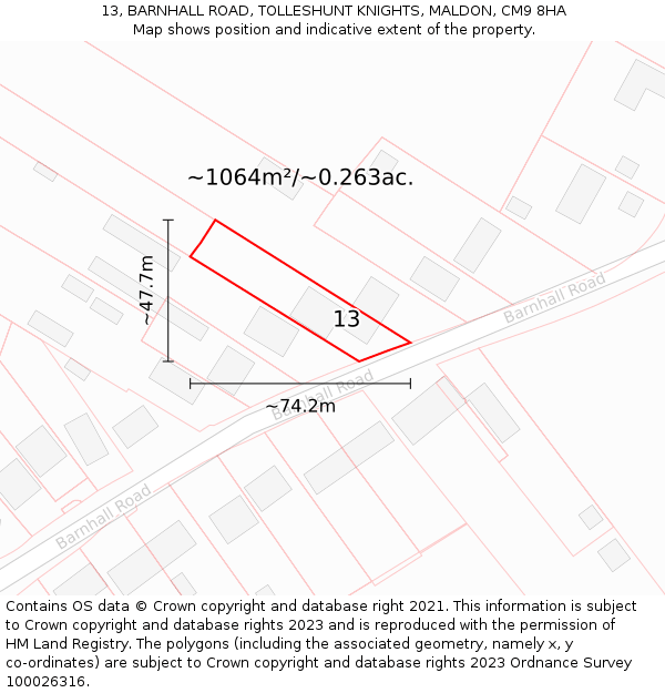 13, BARNHALL ROAD, TOLLESHUNT KNIGHTS, MALDON, CM9 8HA: Plot and title map