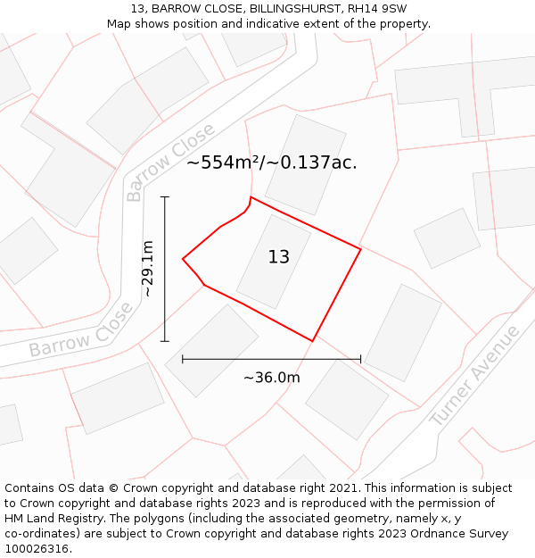 13, BARROW CLOSE, BILLINGSHURST, RH14 9SW: Plot and title map