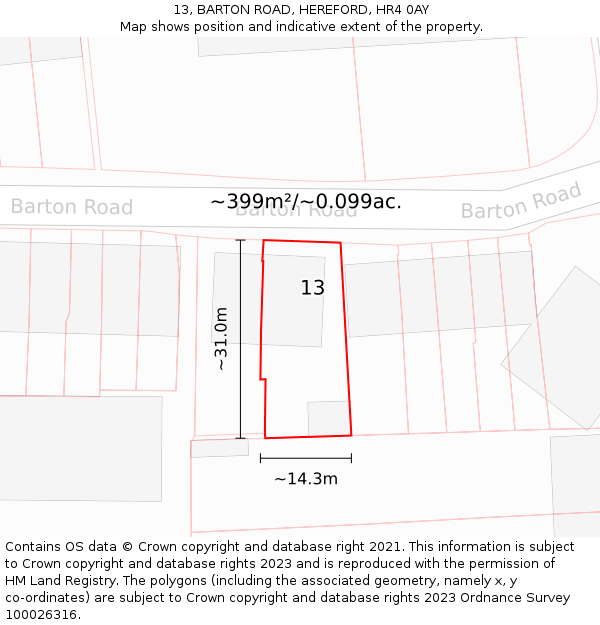 13, BARTON ROAD, HEREFORD, HR4 0AY: Plot and title map