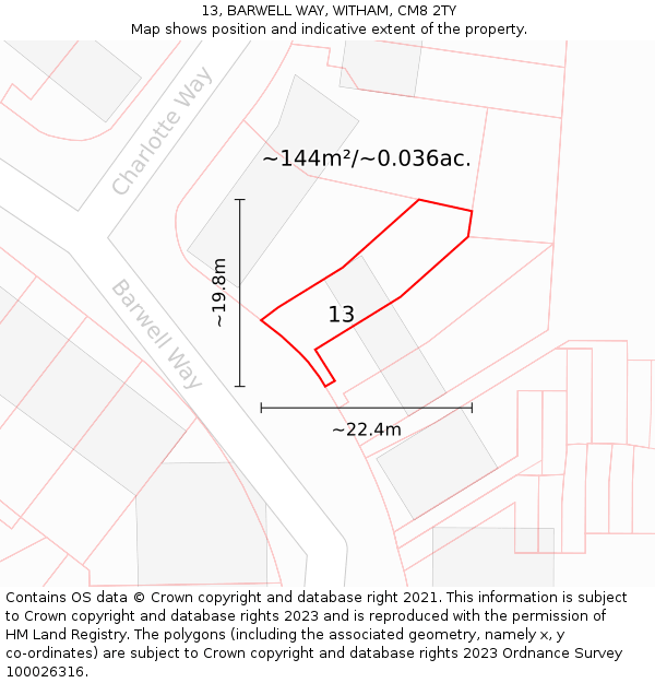 13, BARWELL WAY, WITHAM, CM8 2TY: Plot and title map