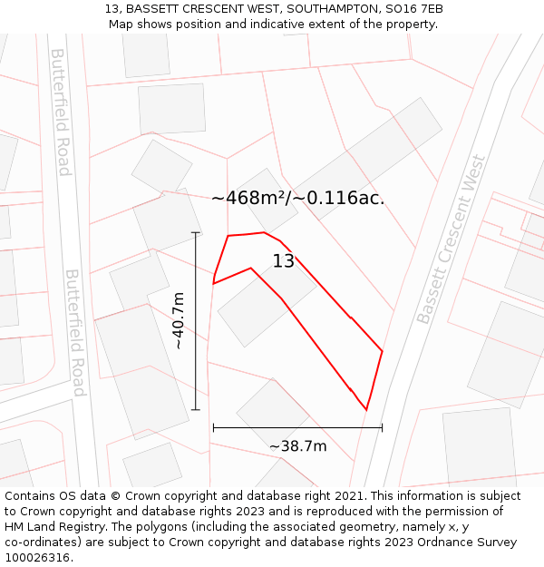 13, BASSETT CRESCENT WEST, SOUTHAMPTON, SO16 7EB: Plot and title map