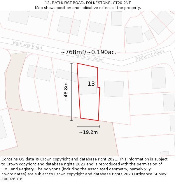 13, BATHURST ROAD, FOLKESTONE, CT20 2NT: Plot and title map