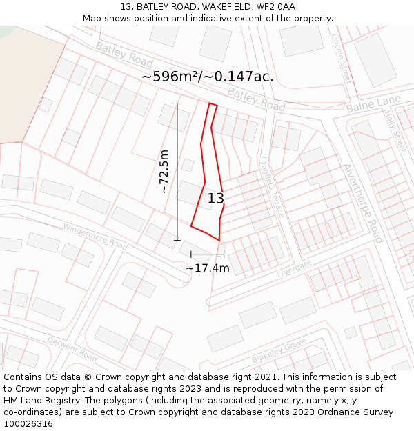 13, BATLEY ROAD, WAKEFIELD, WF2 0AA: Plot and title map