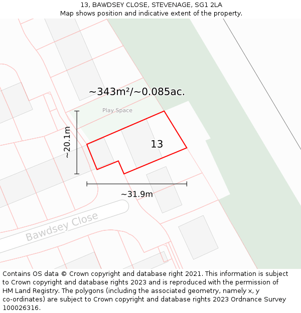 13, BAWDSEY CLOSE, STEVENAGE, SG1 2LA: Plot and title map