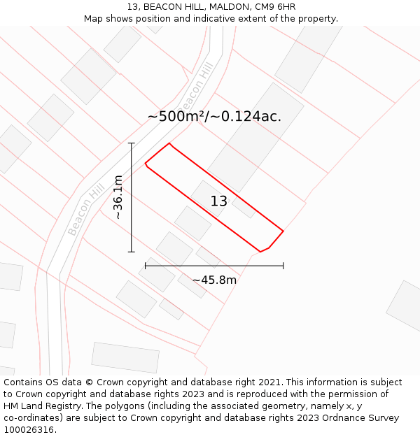 13, BEACON HILL, MALDON, CM9 6HR: Plot and title map