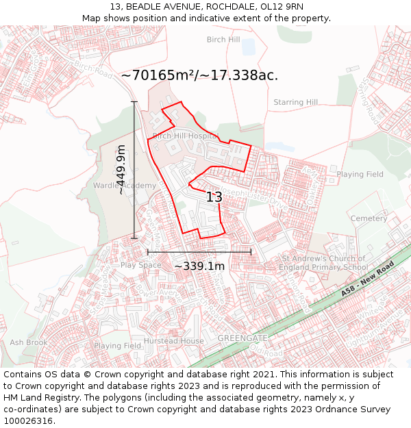 13, BEADLE AVENUE, ROCHDALE, OL12 9RN: Plot and title map