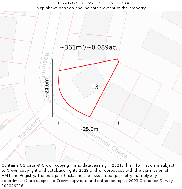 13, BEAUMONT CHASE, BOLTON, BL3 4XH: Plot and title map