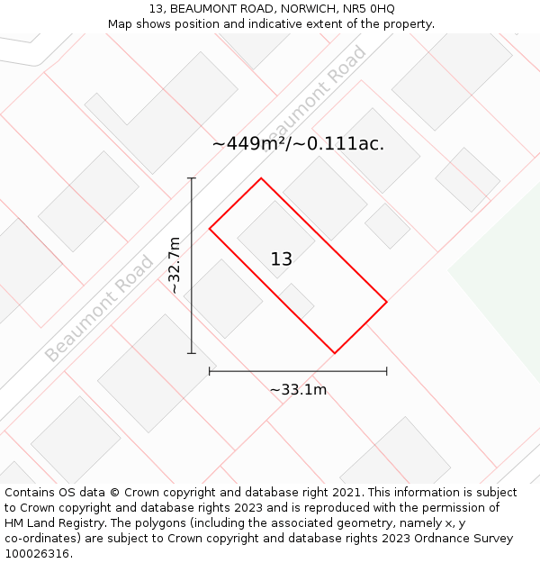 13, BEAUMONT ROAD, NORWICH, NR5 0HQ: Plot and title map