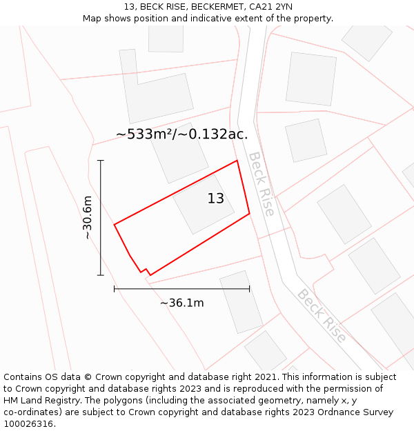 13, BECK RISE, BECKERMET, CA21 2YN: Plot and title map