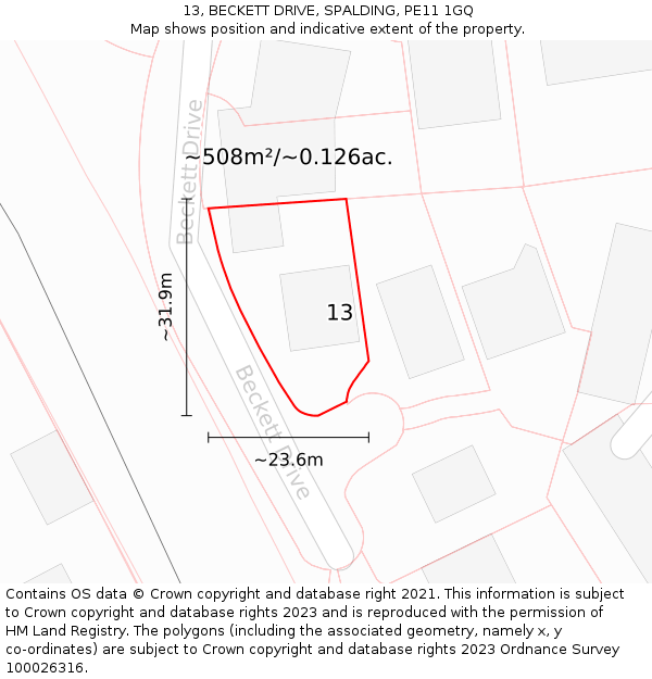 13, BECKETT DRIVE, SPALDING, PE11 1GQ: Plot and title map