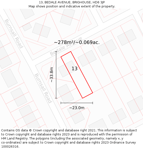13, BEDALE AVENUE, BRIGHOUSE, HD6 3JP: Plot and title map