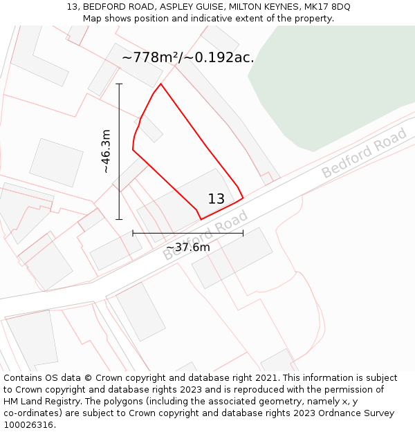 13, BEDFORD ROAD, ASPLEY GUISE, MILTON KEYNES, MK17 8DQ: Plot and title map