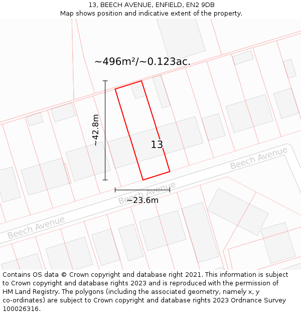 13, BEECH AVENUE, ENFIELD, EN2 9DB: Plot and title map