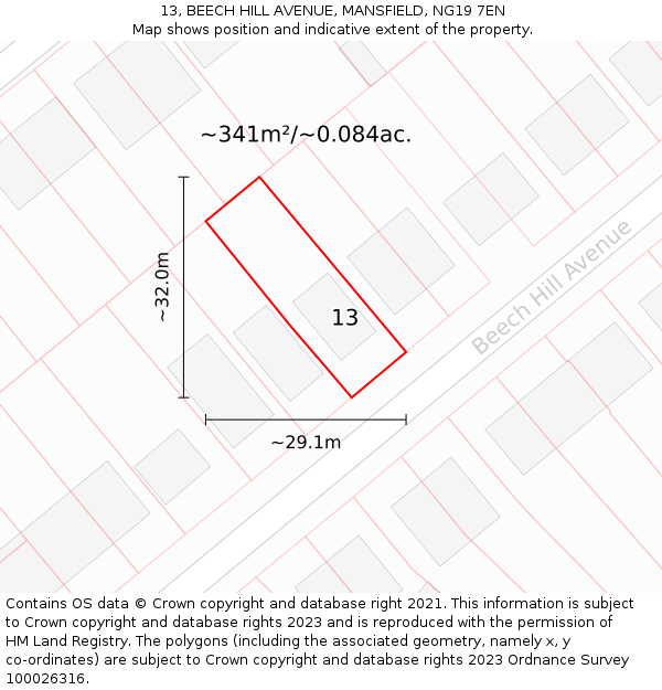 13, BEECH HILL AVENUE, MANSFIELD, NG19 7EN: Plot and title map