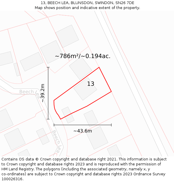 13, BEECH LEA, BLUNSDON, SWINDON, SN26 7DE: Plot and title map