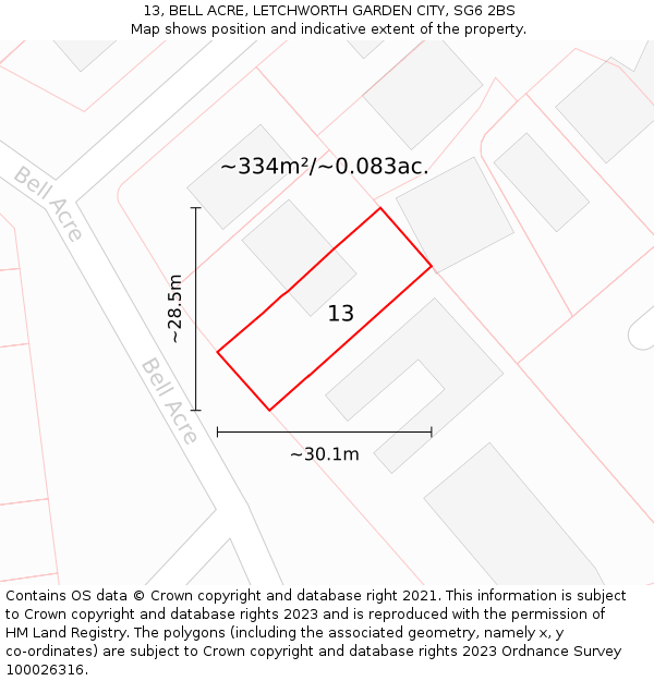 13, BELL ACRE, LETCHWORTH GARDEN CITY, SG6 2BS: Plot and title map