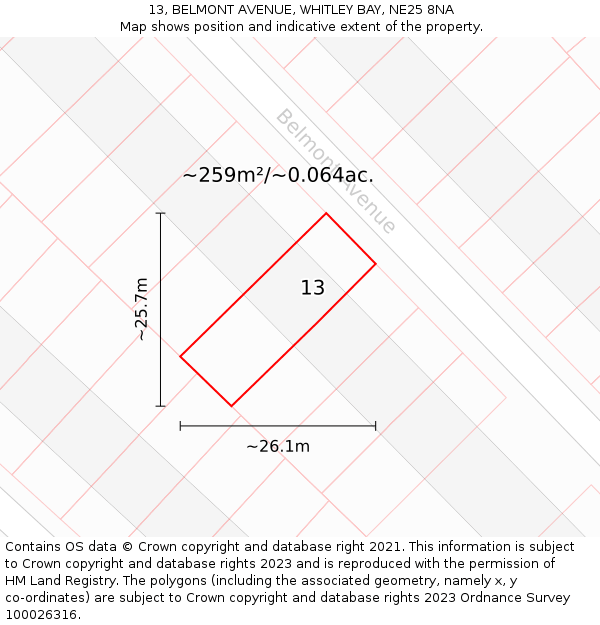 13, BELMONT AVENUE, WHITLEY BAY, NE25 8NA: Plot and title map